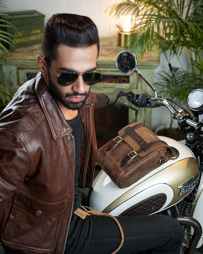 Trip Machine Company Genuine Leather Motorcycle Magnetic Fuel Tank & Tail Pillion Seat Mount Bag with Shoulder Strap and Rain Cover (Brown)