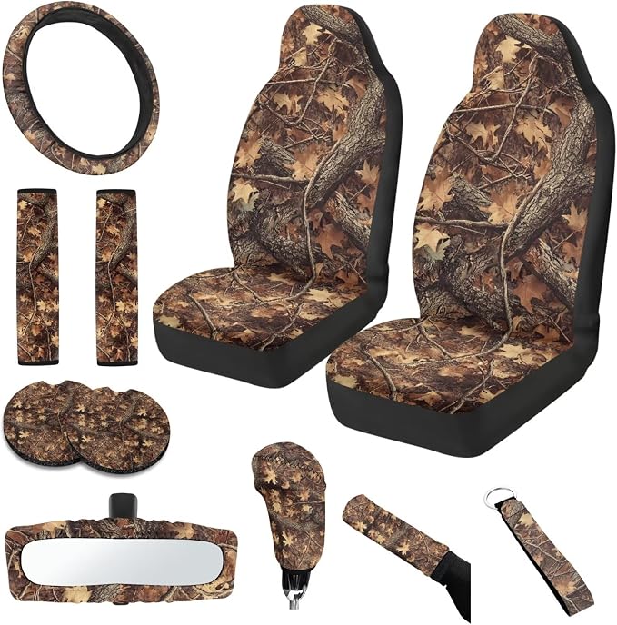 Camo Hunting Forest Car Seat Covers 11 Pieces Car Rear View Mirror Cover Steering Wheel Cover Auto Seat Belt Cover Gear Lever Cover Hand Brake Cover for Cars SUV