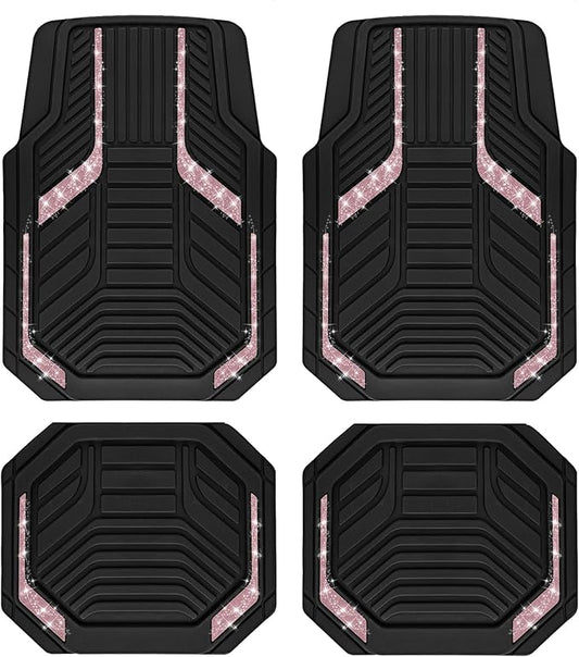 PIC AUTO Car Floor Mats, Pink Sparkly Crystal Bling Glitter Car Mats Set, Front and Rear Heavy Duty Rubber Car Mats with Anti-Slip Backing, All Weather, Trim-to-Fit for SUVs, Trucks, Sedan, Vans