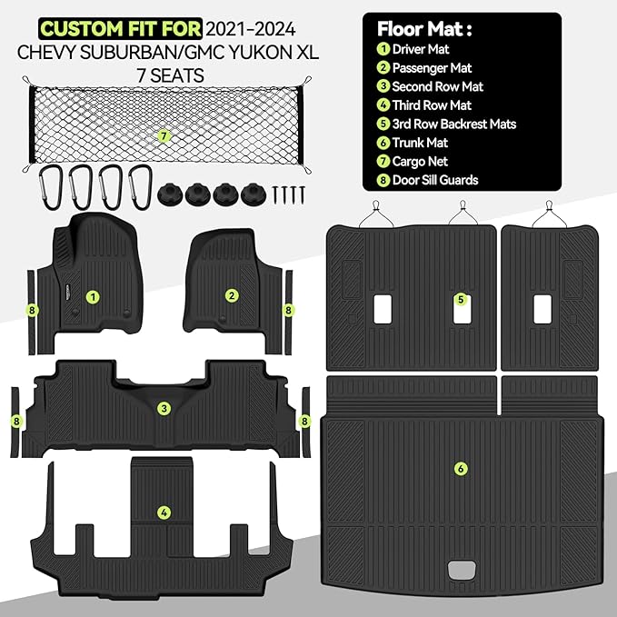 Tongama-Floor Mats for 2021-2024 Chevy Suburban/GMC Yukon XL 7 Seats with Bucket Seats, All Weather TPE Trunk Mat & 3rd Row Backrest Mats & Cargo Net & Door Sill Guards for Suburban Accessories