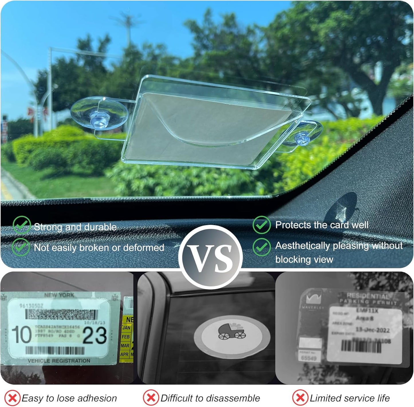 1 Pack Parking Permit Holder for Car Windshield,Acrylic Pass Holder with Strong Suction Cup,Clear Parking Tag Holder for Parking Permit,Vehicle Permit,Toll Pass,Name Card(4x3in)