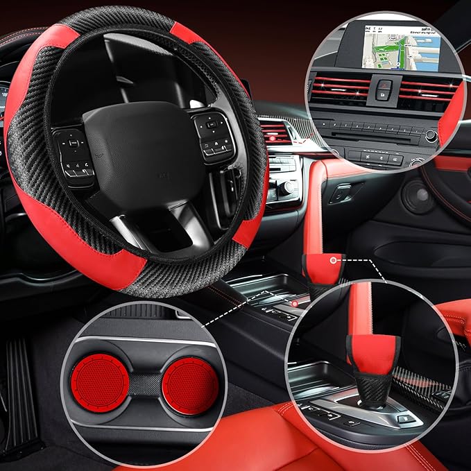 Riakrum 30 Pcs Car Accessories Set Red and Black PU Leather Steering Wheel Cover Auto Interior Accessories Gift Car Vent Trim Strips Air Conditioner Insert Strips with Installation Tool