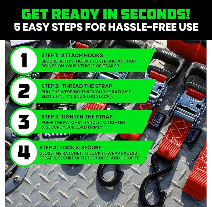 Rhino USA Ratchet Straps Heavy Duty Kit (2-Pack) - 1.6 Inch x 8 Feet Min Break Strength (5,000) - Ultimate Tie Down Straps with Safety S Hooks for Trucks, ATV, UTV, Motorcycle, Cargo & More - Red
