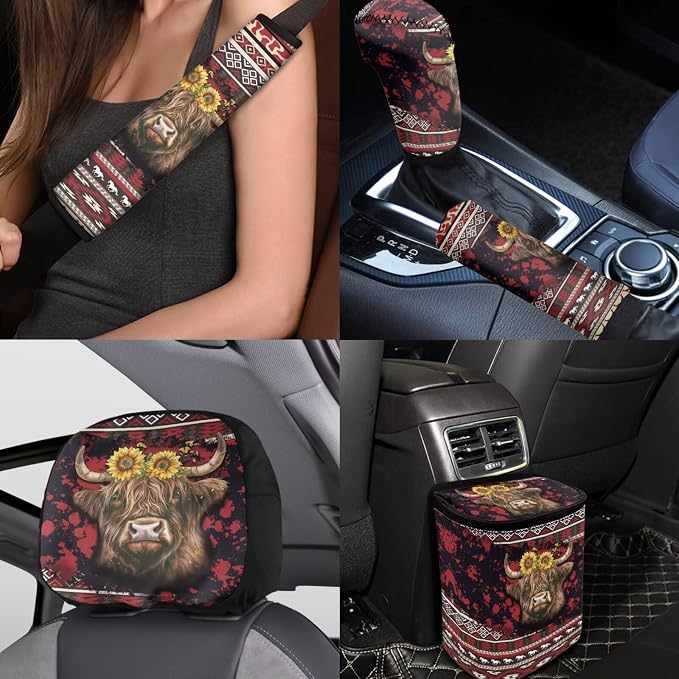 BIGCARJOB 15 Pack Highland Cow Print Car Seat Covers Set Tribal Print Auto Seat Headrest Cover Universal Steering Wheel Cover Car Trash Can Hanging Auto Interior Accessories Set