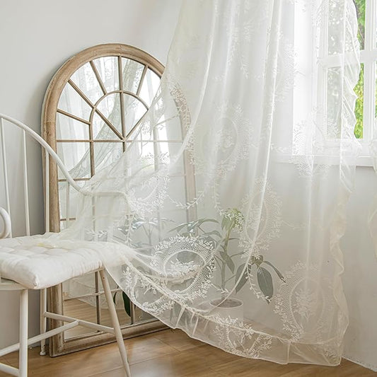 Sutuo Home Ivory Lace Curtains for Bedroom Living Room 72 Inches Long, Vintage Embroidered Floral Rose Sheer Curtains, Privacy Farmhouse Windows Treatment Pair, Rod Pocket, W57 x L72