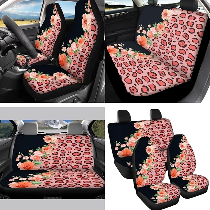 Pink Flower and Leopard Car Seat Cover Full Sets Leopard Car Accessory Cute Floral Auto Steering Wheel Covers Car Rear View Mirror Covers Wristlet Keychains Leopard Coaster Car Protectors Set