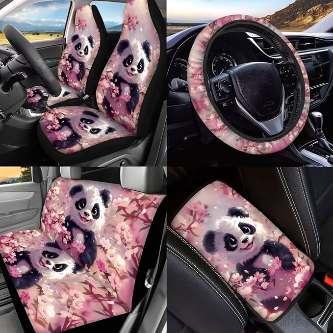 BIGCARJOB Cute Panda Print Car Seat Accessories Full Set 15 Pack Pink Panda Seat Cover for Cars Front and Rear Handbrake Cover,Headrest Pillow Cover,Seat Belt Pads,Universal Fit