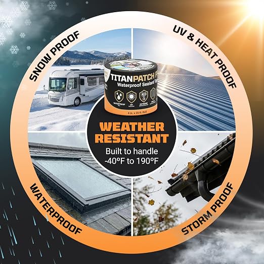 TITANPATCH PRO Waterproof Sealant Tape – White 4" x20' – Stops Leaks Fast & Stays Sealed for 15+ Years – Sticks to RVs, Roofs, Pools, Boats, Gutters – Built for Harsh Weather (-40°F to 190°F)
