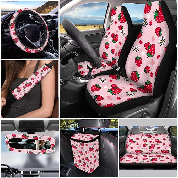 Strawberry Print 12 Pack Car Seat Covers Full Set Car Steering Wheel Cover Car Seat Belt Cover Keychain Holder Chapstick Holder Universal Fit for Vehicles,Cars,Suvs,Vans,Sedans