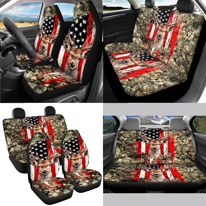 Deer Leaf American Flag Pattern Auto Accessories Set of 13, Car Front and Back Seat Covers Full Set + Steering Wheel Cover + Safe Belt Pad for Car + Coasters with Notch