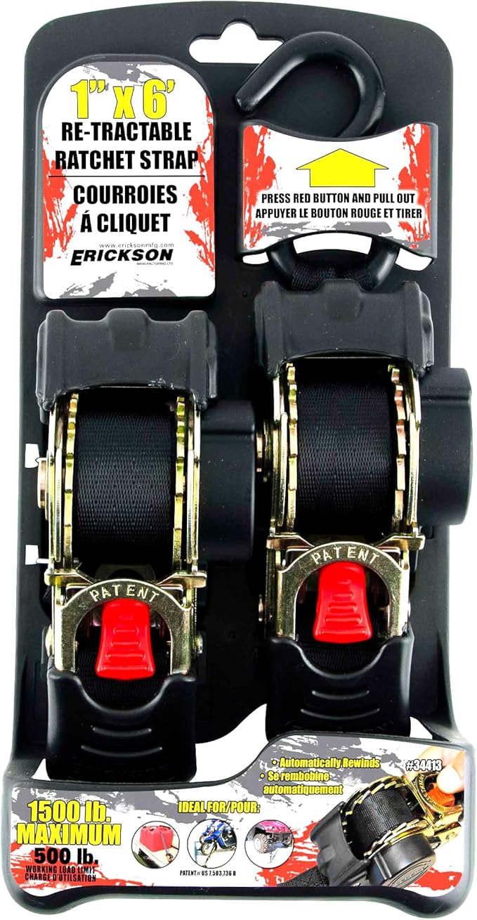Erickson Pro Series 1in x 6ft Black Retractable Ratcheting Tie-Down Straps, 1500 lb Load Capacity, Pack of 2