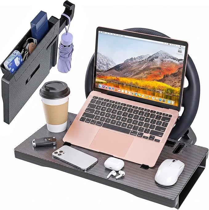 Carbon Fiber 3-in-1 Steering Wheel Tray Table & Car Seat Gap Filler Organizer & Centre Console Storage Box | Foldable Adjustable Car Desk/TableTray for Laptop, Eating & Work (【Foldable】 3-in-1) | Detachable Seat Gap Filler，0-30° Adjustable Angle，3-in-1...