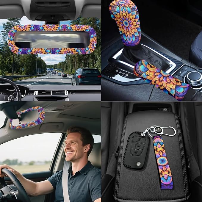 Mandala Lotus Car Seat Covers Full Sets 18 Pcs Universal Car Interior Accessories Set with Mandala Flower Print Car Headrest Covers Steering Wheel Cover Keychain Vehicle Trash Bag