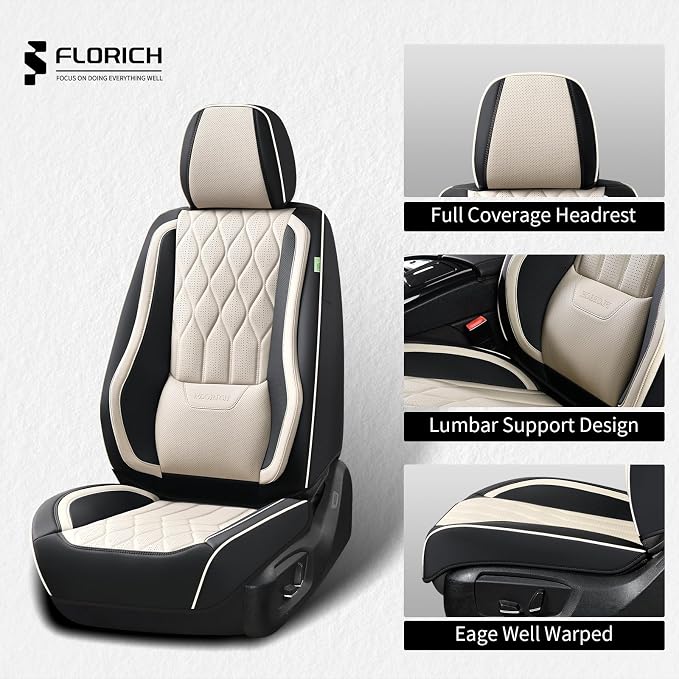 FLORICH Leather Seat Cover Front Seats Automotive Car Seat Covers Front Seat Cover Waterproof Car Seat Protector with Lumbar Support 2 Pack Universal Fit for Most Cars Sedans Trucks SUV, Black&Beige