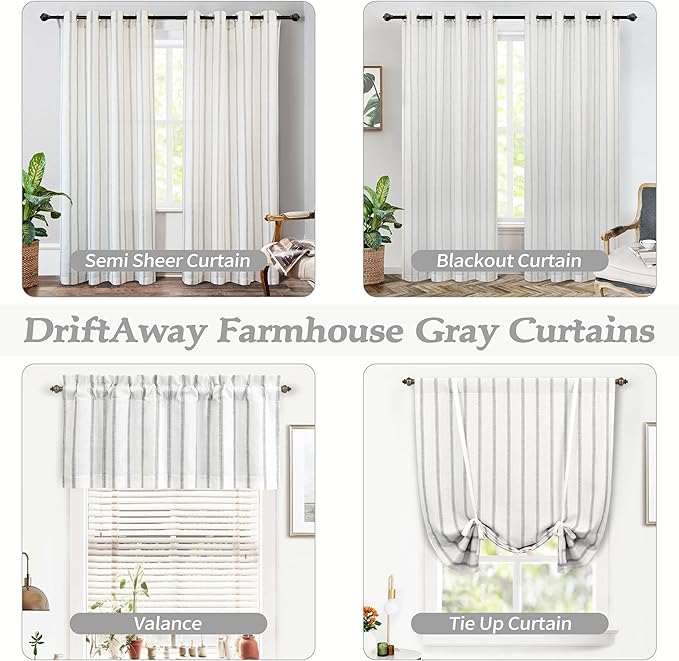 DriftAway Farmhouse Double Layer Linen Blackout Tie Up Curtains Thermal Insulated Vertical Striped Fully Lined Balloon Roman Shade Bathroom Window Adjustable Rod Pocket 45 Inch by 63 Inch Gray