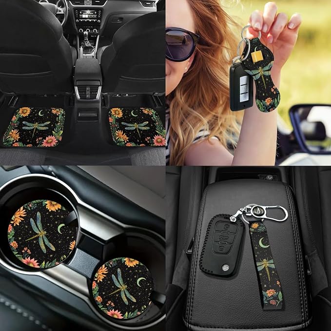 Dragonfly Car Accessories Set 17 Pack Starry Sky Dragonfly Car Seat Covers Full Set with Car Floor Mats All Weather,Cup Coaster,Seat Belt Shoulder Pad,Lip Stick Holder Keychain,Universal Fit