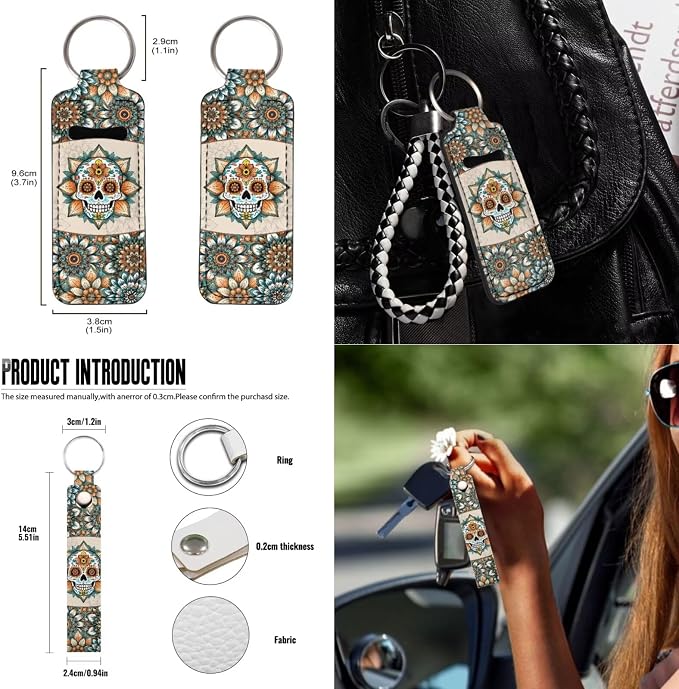 Suobstales Boho Mandala Sugar Skull Print Car Seat Covers Set of 13 with Universal Steering Wheel Cover, Rearview Mirror Cover, Car Trash Can, Seatbelt Pads, Cup Holder Coasters, Keychains