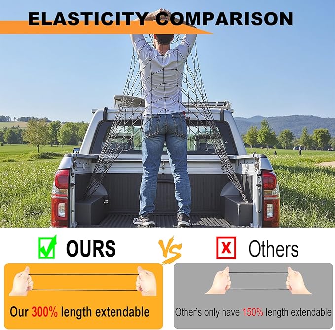 GSPSCN Cargo Net 3' x 4' for Truck Pickup Bed, Trailer,Boat,RV SUV Stretches to 9'x12' Max Roof Rack Net,Small 4”x4” Mesh Heavy Duty Bungee Cord Net for Tacoma,Frontier,Colorado & Subaru Crosstrek