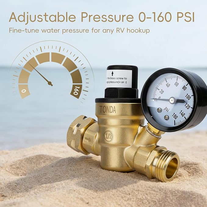 TONDA RV Water Pressure Regulator, Brass Lead-Free Adjustable Pressure Regulator with Gauge and Inlet Screen Filter for RV Camper Travel Trailer Water Hose