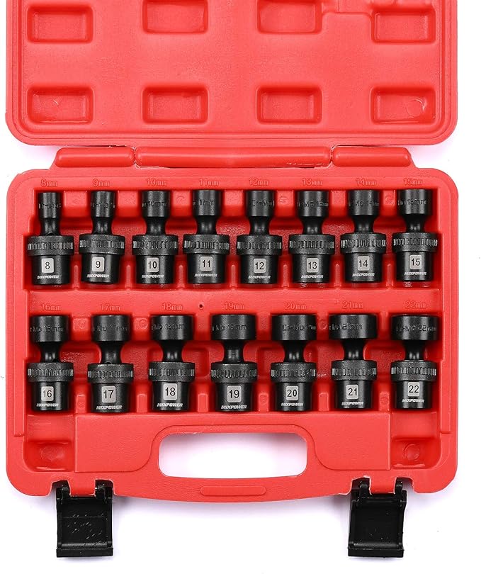 MIXPOWER 15-piece 3/8" Drive Shallow Universal Impact Socket Set, 6 Point, Metric, 8-22mm, CR-MO, Swivel Socket With Flexible Wobble…