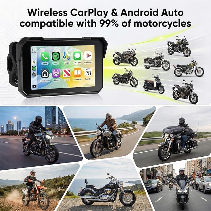 Rimoody 5 Inch Portable Wireless CarPlay & Android Auto Motorcycle Screen, IP68 Waterproof Touchscreen GPS Navigation for Motorbike, Bluetooth Dual Mode, Anti-Theft, Support TPMS & TF Card