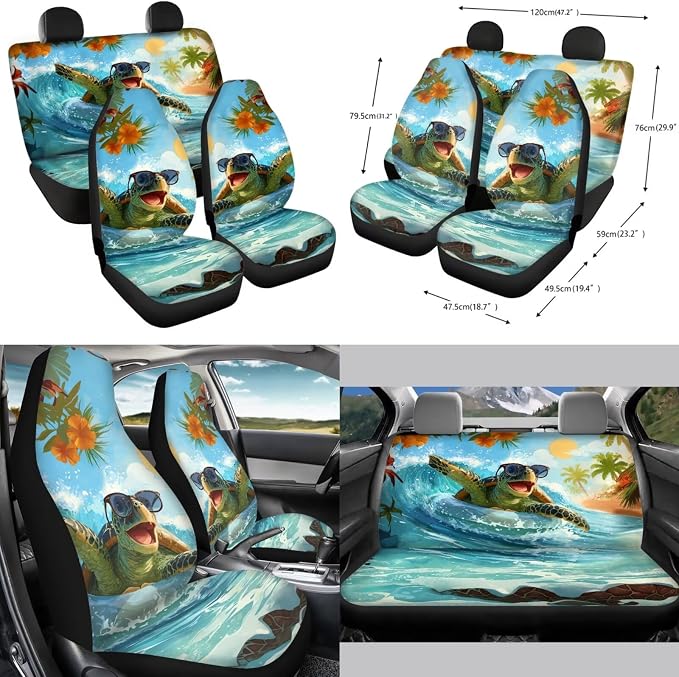 Forchrinse Hawaiian Sea Turtle Car Cover for Women Men Front Back Seat Cover with Steering Wheel Cover/Armrest Seatbelt Cover/Handbrake Gear Shift Cover/Garbage Trash Can