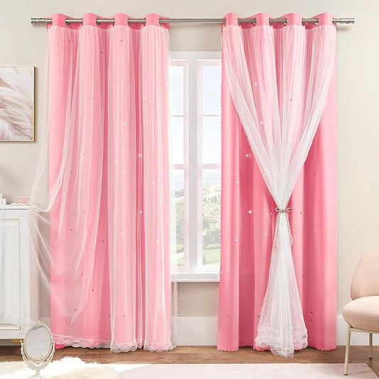 XiDi Pink Curtains 96 Inches Long for Girls Bedroom Living Room Privacy Room Darkening Double Layer Curtains with Sheer Overlay for Kids Toddler Princess Nursery Room Grommet Window Drapes W34 X L96
