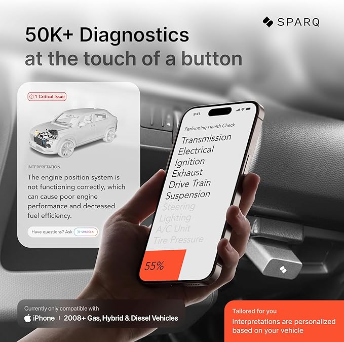 SPARQ AI OBD2 Scanner Diagnostic Tool Bluetooth Compatible with iPhone/iOS, Your Personal Car Mechanic, Track History & Recalls, Scan & Clear 50K+ Codes for Non EV Vehicles 2008+ No Subscription Fees