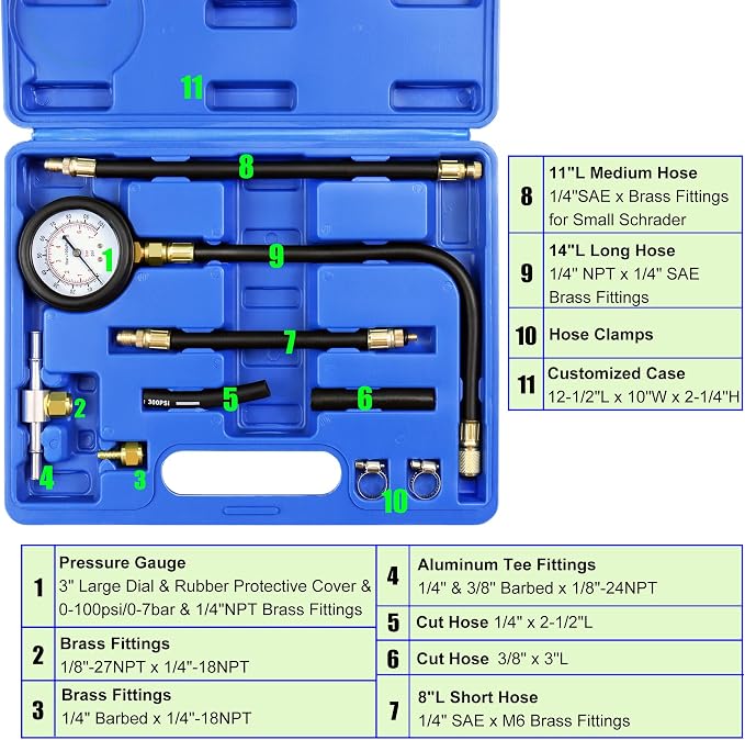 JIFETOR Fuel Injection Pump Pressure Tester Gauge Kit, Car Gasoline Gas Fuel Oil Injector Test Manometer Tool Set 0-100PSI, Universal for Auto Truck SUV Motorcycle ATV RV