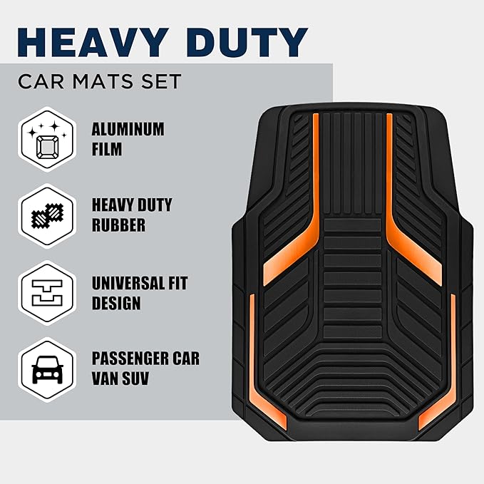 PIC AUTO Heavy Duty Rubber Floor Mats, Orange Aluminum Film Car Mats Set, Front and Rear Car Mats with Anti-Slip Backing, All Weather Protection, Trim-to-Fit for Automotive SUV, Sedan, Van