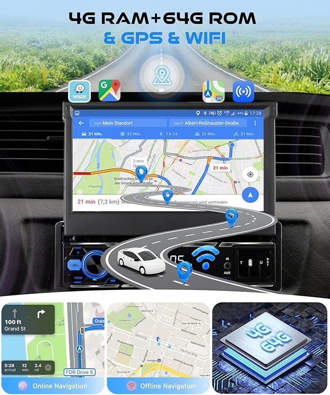 4G+64G Android Single Din Flip Out Car Stereo with Wireless Carplay Android Auto, Sellrich 7" Single Din Flip Out Touchscreen Radio with BT 5.0 GPS WiFi DSP FM/RDS USB/AUX/Type-C SWC Backup Camera