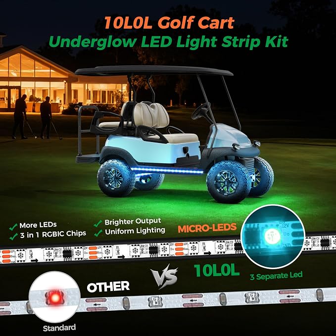 10L0L Golf Cart Underglow LED Light Strip Kit,Neon Underbody Lights,24 Modes,Wireless Remote,Sound-Active,Water-Resistant,and 4 Flexible Tubes Included