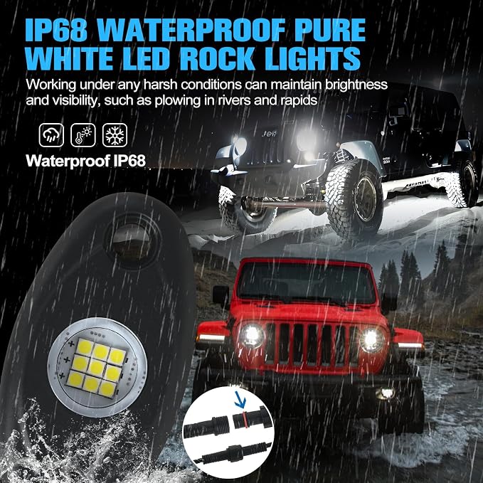 20pods White Rock Lights Dc 12v-80v 6000k Aluminum Alloy Pure White Led Rock Lights with Switch Wiring Harness Kit Ip68 Waterproof for Trucks Pickup Offroad Car SUV Utv ATV Rv Fends Underglow Lights