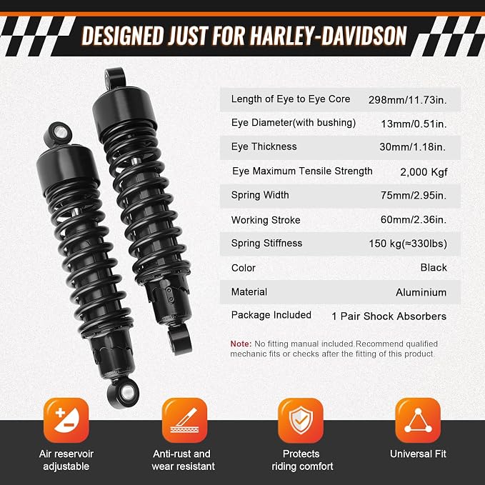 11.75" Motorcycle Rear Shock Absorber Adjustable 298mm Lowering Kit Damper For Harley Davidson For Sportster XL883 XL1200 Touring Road Street Glide Road King FLT FLHT FLHR FLTR FLHX 1980-2025