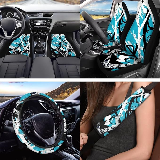 Blue Branch Design Car Interior Accessories Set of 18, Car Seat Covers Full Set with Floor Mats Steering Wheel Cover Shoulder Pads Armrest Pad Cover Roof Gloves Cup Coaster Keychain