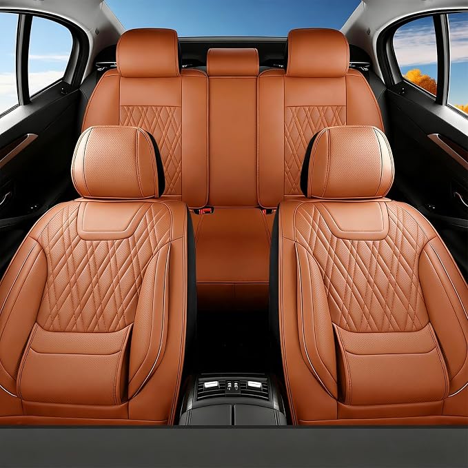 Car Seat Covers Compatible with Ford Taurus 2002-2019 - Full Set 5 Seats Luxury Leather All-Weather Seat Cushions & Protectors, Waterproof & Breathable, Airbag Compatible (Brown)