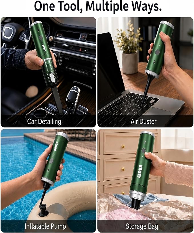 Handheld Vacuum，4-in-1 Cordless Car Vacuum Cleaner&Air Blower,Green | Aluminum alloy body，4 Suction Modes, 20KPa Suction Power,Portable Rechargeable, For Car, Pet Hair, Home, Office