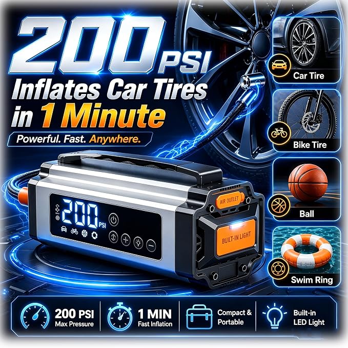 8000A Jump Starter with Air Compressor, 10-in-1 Portable Car Battery Booster and Tire Inflator Fast Charging Power Bank, Air Pump Battery Jumper Camping Road Trips Car Owner Gift