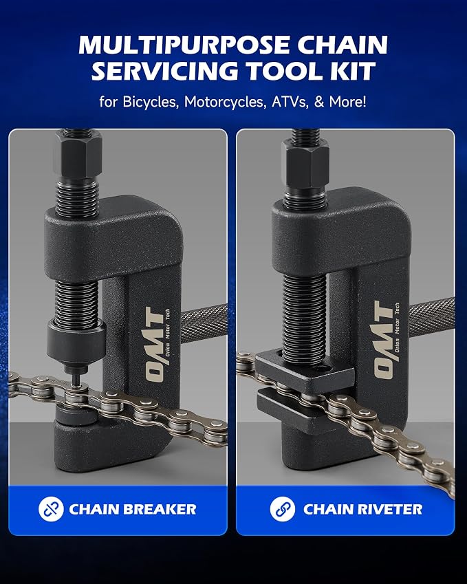 Orion Motor Tech Motorcycle Chain Rivet Tool, 20pc Motorcycle Chain Tool Kit with Blackened C Frame 5 Pins Pre-Press Cap, Pro Bike ATV Motorcycle Chain Breaker Cutter Removal Tool for 25 to 630 Chains