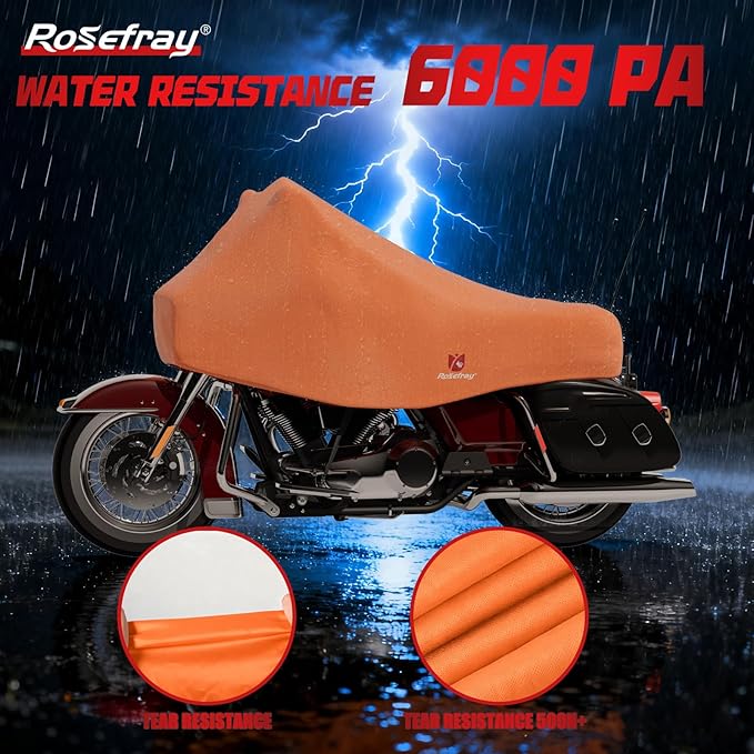 Rosefray 420D Motorcycle Half Cover-Outdoor Waterproof All Weather Protection Lightweight Half Cover, Orange XL Size for Most Touring Models Harley Davidson,Honda Goldwing,Road King Street Glide