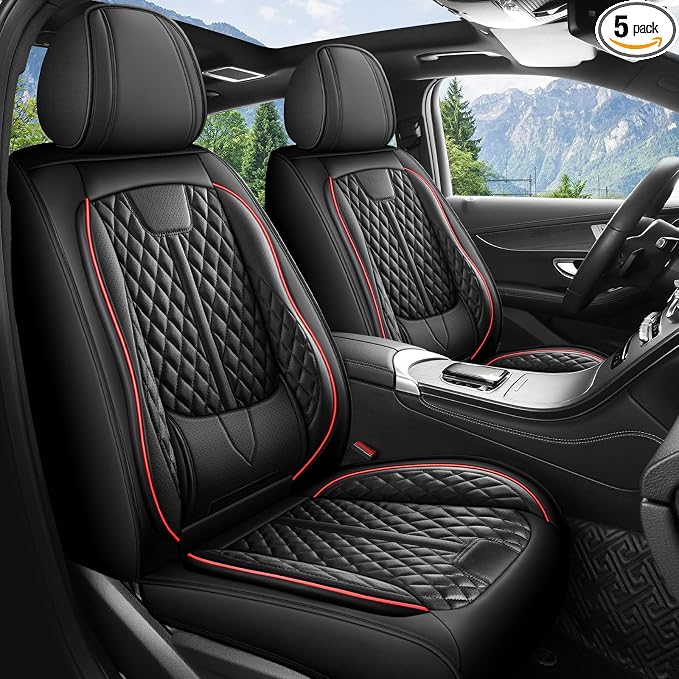 otoez Leather Car Seat Covers Full Set, Breathable Waterproof Nappa Leather Front Rear Car Seat Protectors with Lumbar Support, Universal Automotive Seat Covers for Most Cars SUV Truck Sedan (Black)