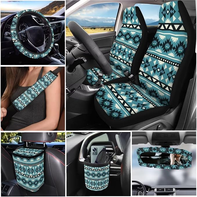 XYZCANDO Tribal Style Automobile Seat Cover Sets 15 PCS Car Seat Cover Set Steering Wheel Cover Seat Belt Pads Cover Garbage Bag Storage Box Rear View Mirror Cover Coasters Keychain Fit Most Cars