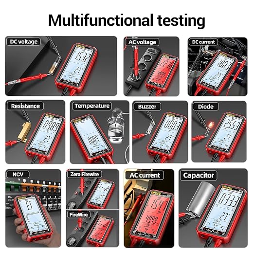 Digital Multimeter Tester, Smart Multimeter with Auto Ranging Digital Voltmeter Measures Voltage Current Resistance Continuity Capacitance Temperature for Electricians,DIY (620C Red)