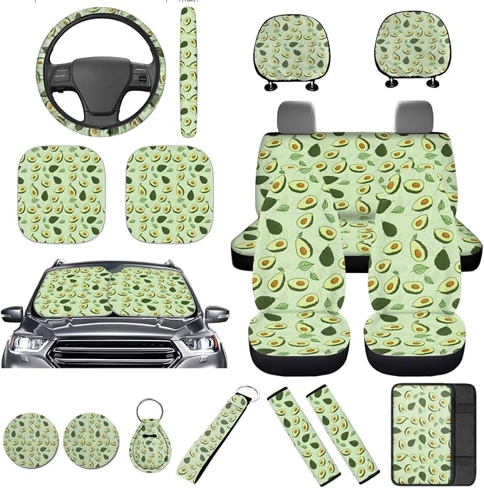 16 Pcs Avocado Car Seat Covers Full Set Green Car Sunshade for Windshield Auto Steering Wheel Cover Armrest Cushion Head Rest Protector Seat Belt Covers with Keychain Fruit Accessories