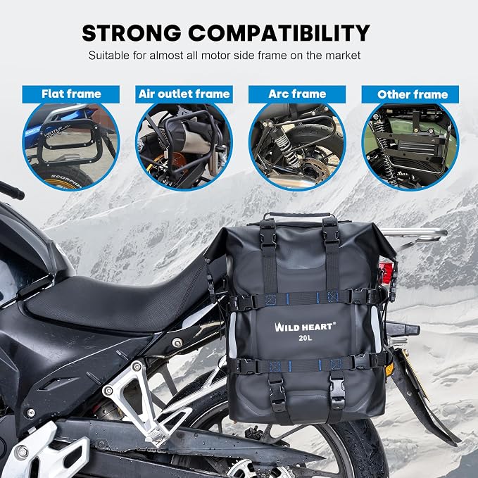 WILD HEART Motorcycle side bag stainless steel suspension waterproof bag Saddlebags 20L/25L waterproof Pianner Bag wear-resistant general-purpose Bike accessories (Black TPU, 20L One Pack)
