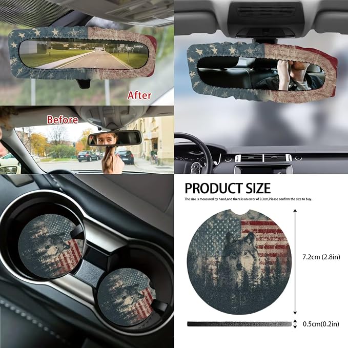 Wolf Forest Print Car Seat Covers Full Set American Flag Print Front and Rear Car Seat Covers with Steering Wheel Cover Center Console Pad Safety Belt Pads Rearview Mirror Cover