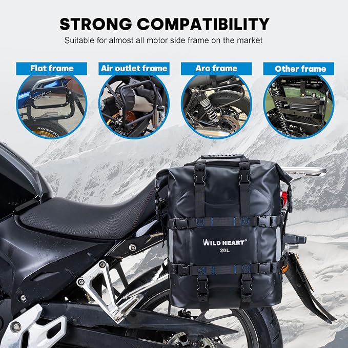 WILD HEART Motorcycle side bag stainless steel suspension waterproof bag Saddlebags 20L/25L waterproof Pianner Bag wear-resistant general-purpose Bike accessories (Black, 20L One Pack)
