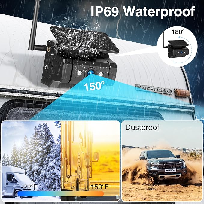 Magnetic Solar Wireless Backup Camera, 1080P WiFi Hitch Camera for Truck RV Car, 9600mAh Rechargeable Battery Rear View Camera, IP69 Waterproof, IR Night Vision, Compatible with iPhone, iPad, Max 23FT