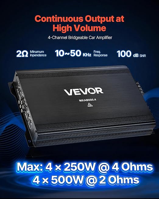 VEVOR 4 Channel Car Audio Amplifier 2 Ohm Stable Bridgeable Class A/B Full Range Amp Max Power 4 x 250W @ 4 Ohm / 4 x 500W @ 2 Ohm for Car SUV Truck Off-Road