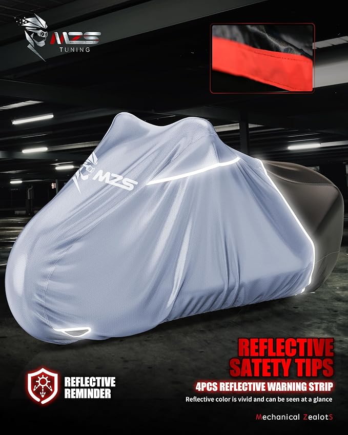 MZS Motorcycle Cover Waterproof Outdoor, Heavy Duty All Season Weather Sun Protection with Storage Bag Vents Night Reflective Cotton Lining Lock Holes fits up to 96" Motorcycles Vehicle Covers